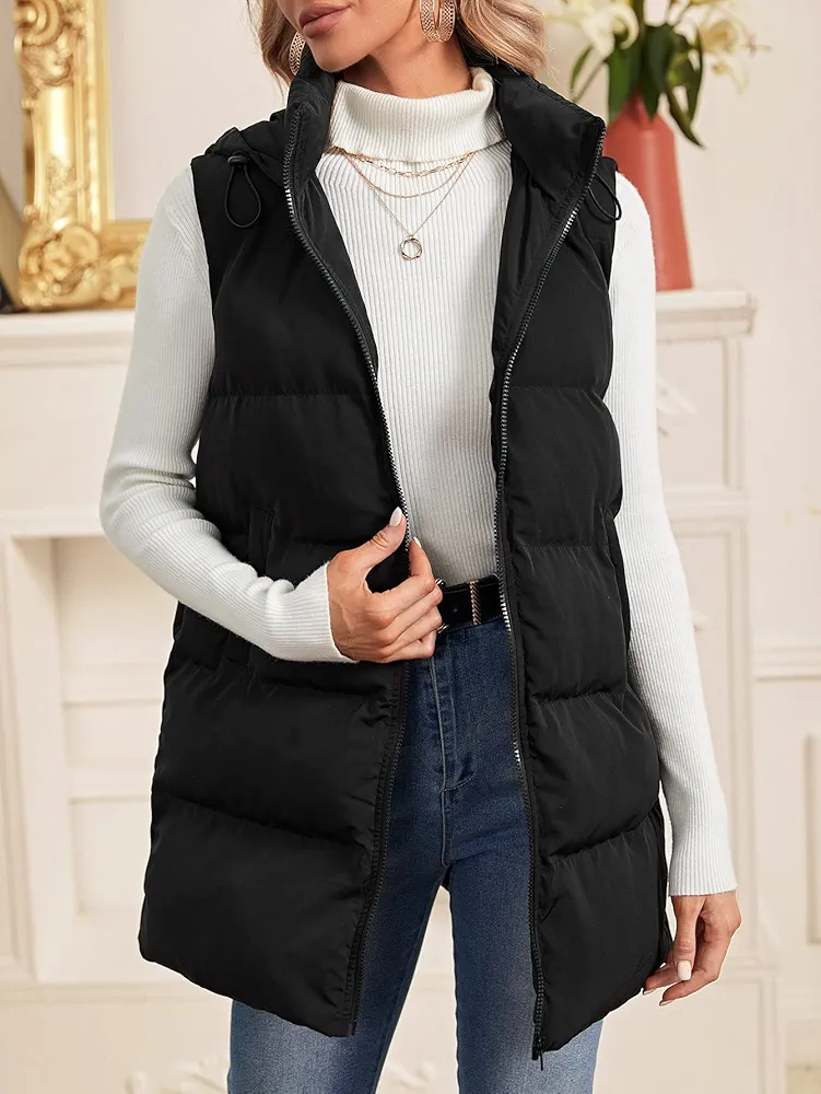 Jackets for Women Slant Pockets Drawstring Hooded Vest Puffer Coat Jackets for Women (Color : Black, Size : Small)