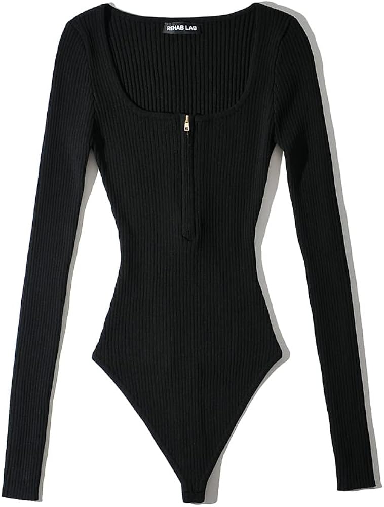 Elegant Long Sleeve Square Collar Zipper Knitted Stretchable Slim Bodysuit Women Tops Jumpsuit