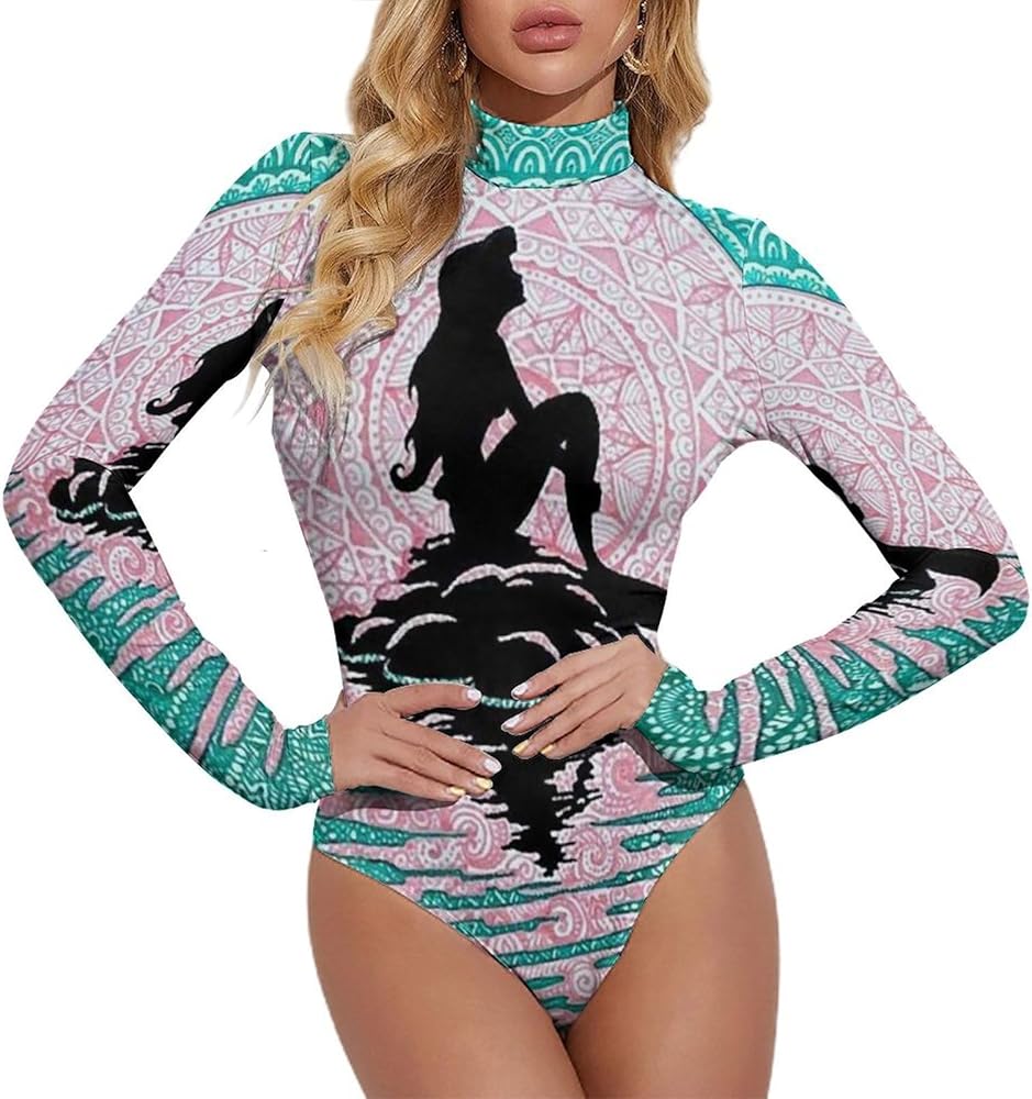 A Mermaid Reflected In The Sea Women's Bodysuit Tops Turtle Neck Long Sleeve Jumpsuit Print T Shirt