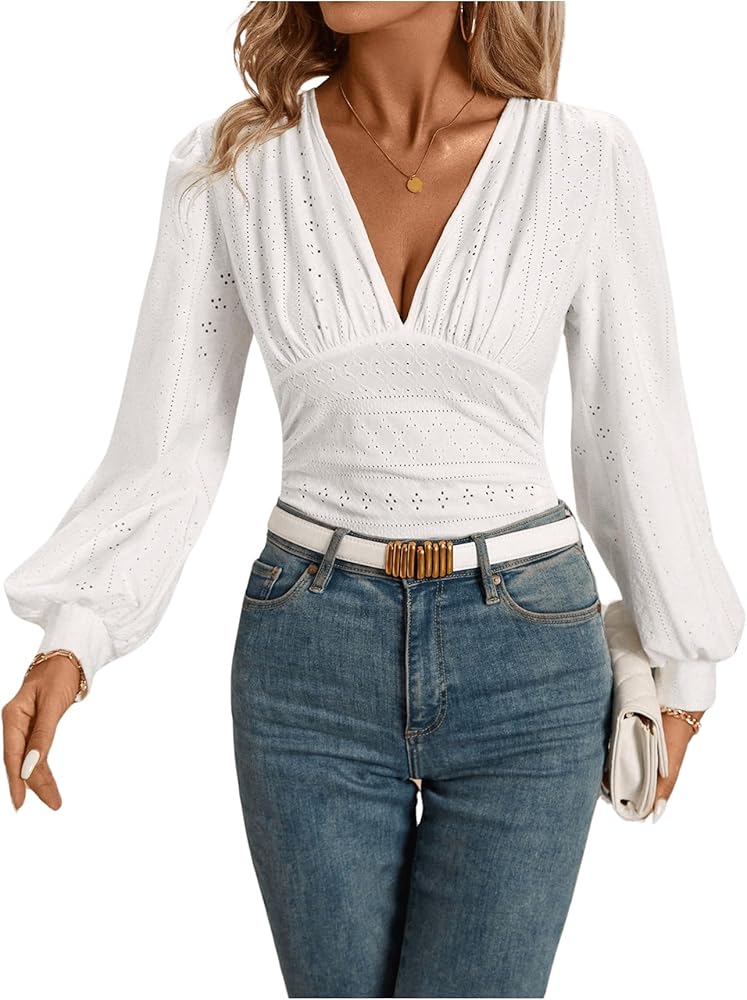 OYOANGLE Women's Boho Deep V Neck Slim Fit Casual High Waisted Bishop Long Sleeve Bodysuit Top