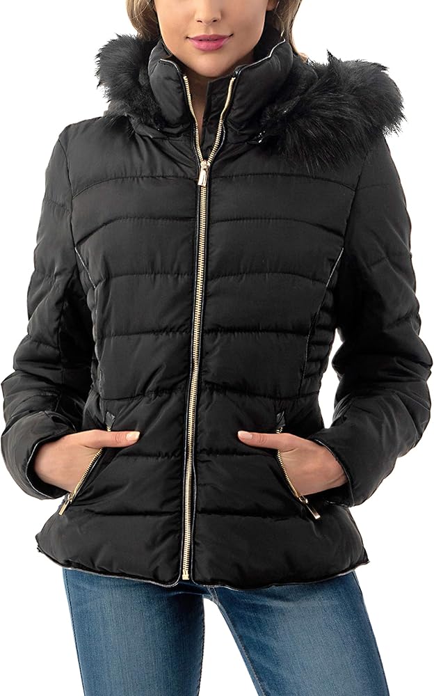 Women's Short Puffer Coat with Removable Faux Fur Trim Hood Jacket