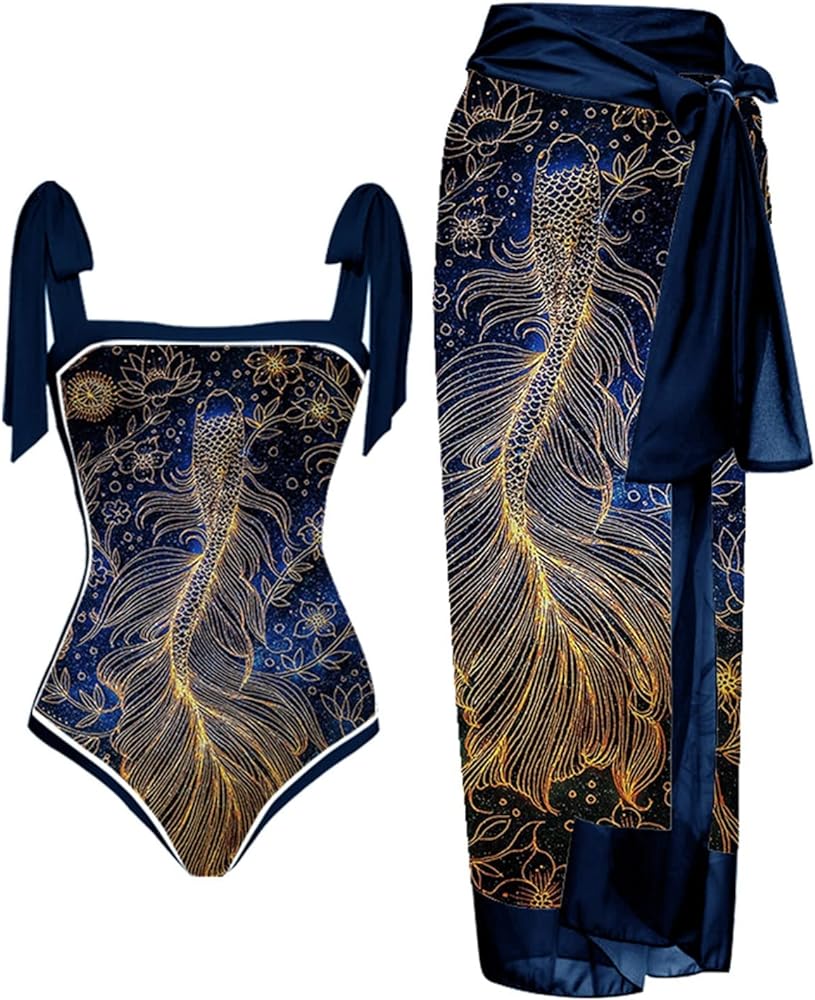 Women One Piece Swimsuit with Matching Cover Ups Floral Sexy Bikini Sets High Cut Push Up Two Pieces Bathing Suit, 3X-Large, 32000dark Blue