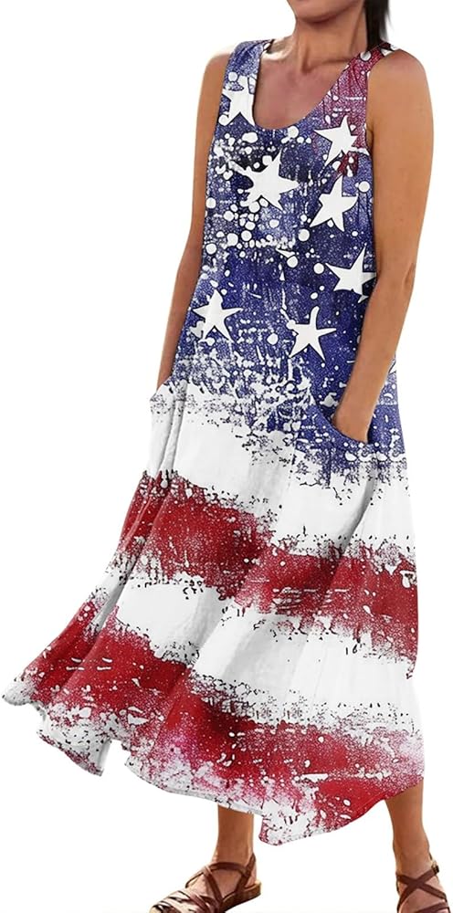 American Flag Dress for Women Sleeveless Patriotic TShirt Sundress Slim with Pockets Casual Beach Dress