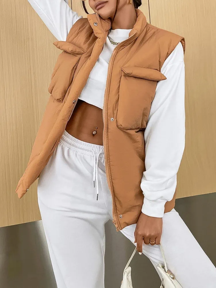 Women's Coat Jacket Warm Comfortable Flap Pocket Zipper Vest Winter Coat Fashion Charming Unique Lovely (Color : Camel, Size : X-Small)