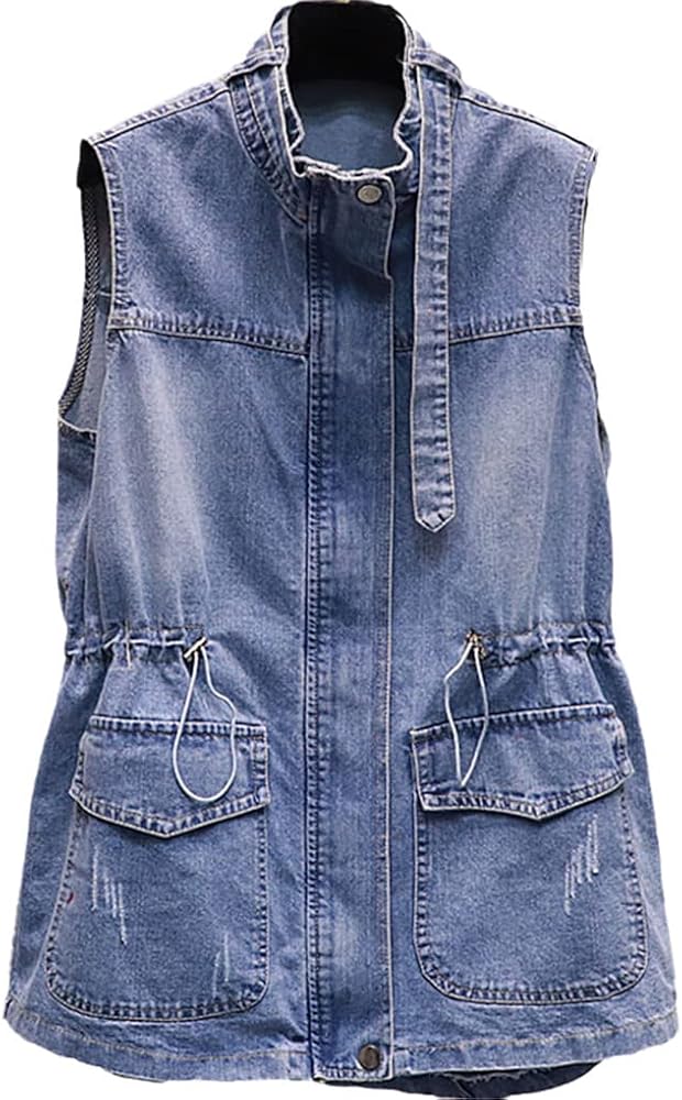 Summer Adjustable Waist Vintage Denim Vest Women Sleeveless Jacket Zipper Pocket Long Denim Coat Female Outwear