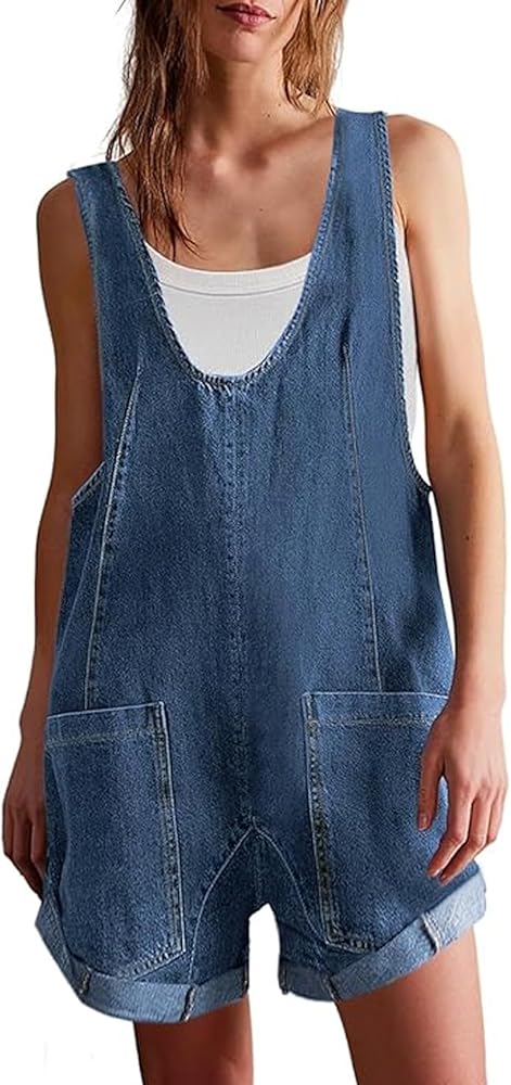 Women’s Summer Denim Rompers Adjustable Strap Jean Shortalls Short Overalls Jumpsuits with Pockets