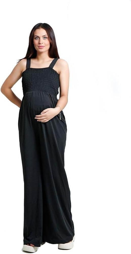 Maternity Jumpsuit for Women - Smocked Boho Jumper | Casual Overalls | Comfy Pregnancy & Postpartum | Black