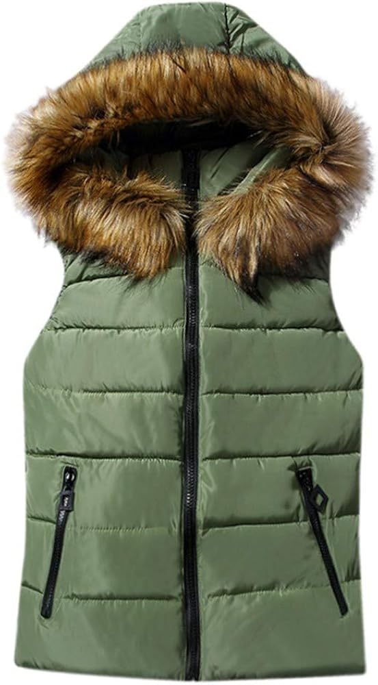 Womens Winter Puffer Vest 2023 Sleeveless Zip Up Down Jacket Thickened Padded Warm Vest Outerwear With Fur Hood Trim