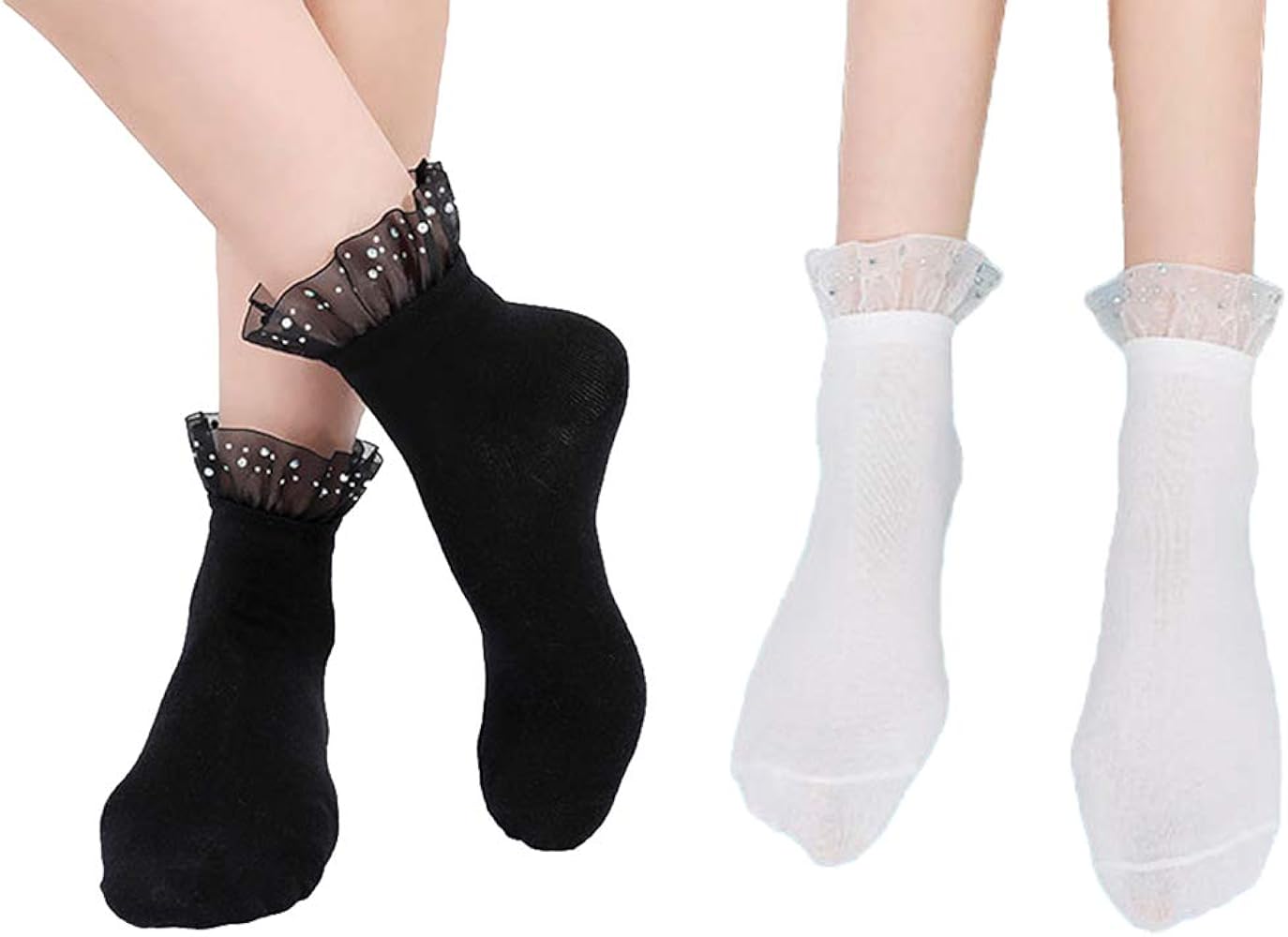 Women Ankle High Rhinestone Ruffle Casual Socks Cotton Tube Crew Socks