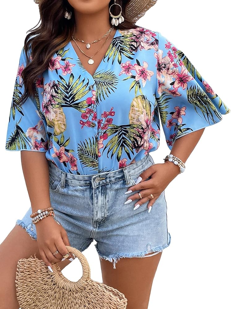 OYOANGLE Women's Plus Size Boho Tropical Print Button Front V Neck Half Sleeve Bodysuit Top Shirts