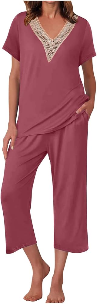 Women Pajama Sets 2 Piece Lace V Neck Top And Lounge Pants With Pockets Casual Summer Matching Pj Comfy Sleepwear