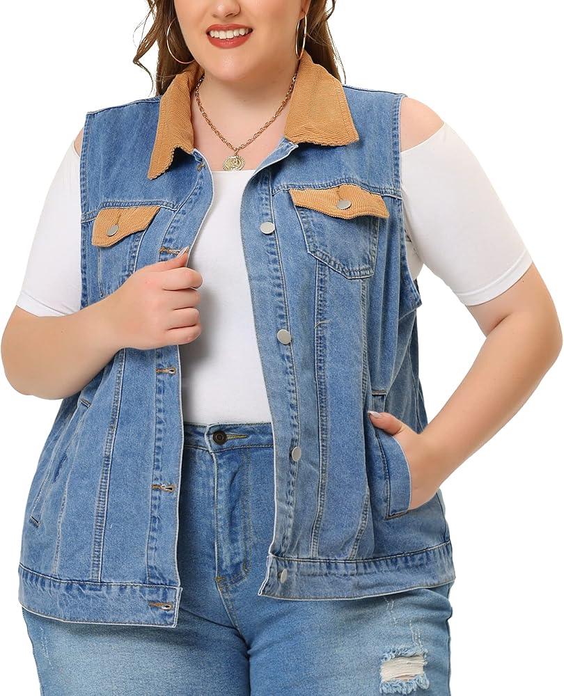 Agnes Orinda Plus Size Vests for Women Contrast Corduroy Vest Jean Denim Jackets 2023