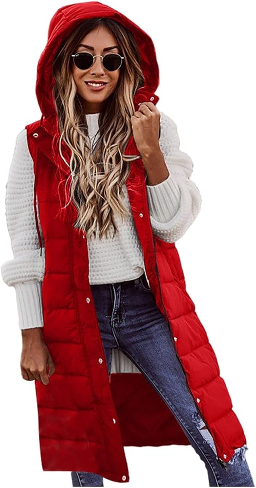 Womens Winter Coats with Hood Long Puffer Vest Plus Size 2022 Fashion Long Length Warm Quilted Down Jackets Oversized Cute Lightweight Sleeveless Thick Heated Casual Zip Up Hoodie(H Red,Large)