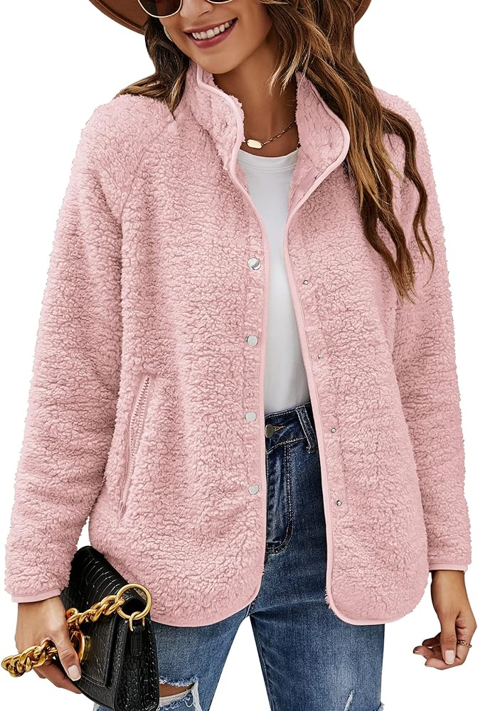 Micoson Women's Long Sleeve Cardigan Coat Lapel Button Down Warm Fuzzy Fleece Jacket Oversized Winter Outwear with Pockets