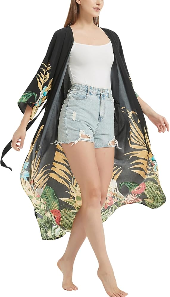 Women's Bohemian Floral Print Kimono Cardigan Summer Swimsuit Beach Cover Up Dresses