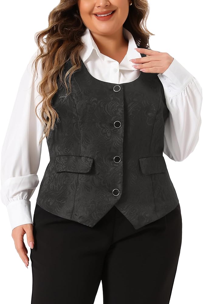 Agnes Orinda Plus Size Vest for Women Sleeveless Jacquard Jacket Steampunk Waistcoat 2X Black