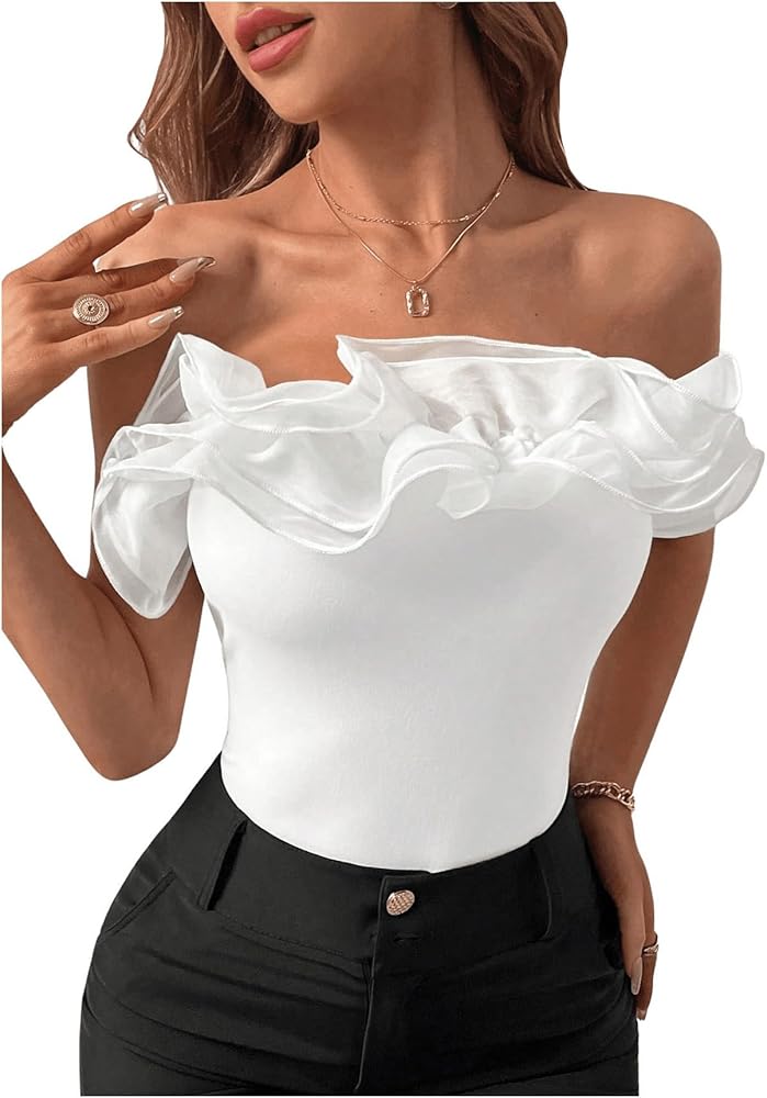 OYOANGLE Women's Ruffle Mesh Off the Shoulder Party Bodysuit Shirt Tops