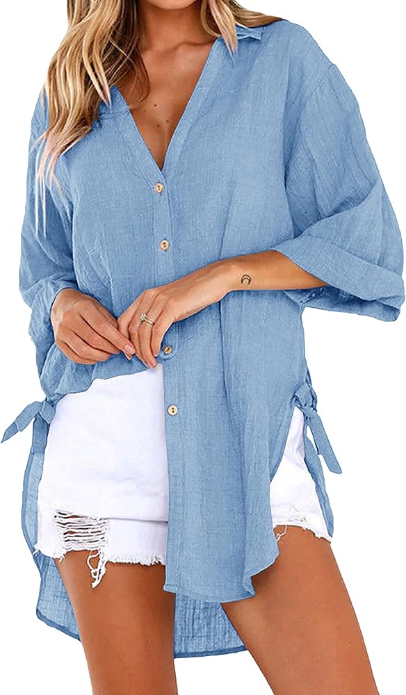 Zontroldy 3/4 Sleeve Shirts for Women Summer Oversized Button Down Swimsuit Beach Bathing Cover Ups Shirt Blouse Tops