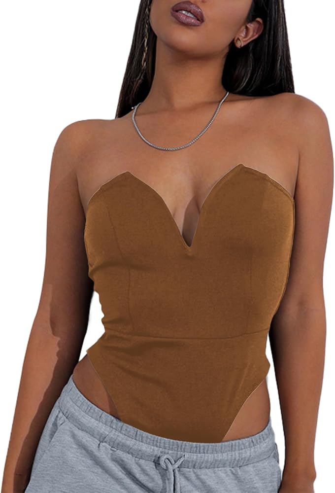 LYANER Women’s Sexy Sweetheart Sleeveless Tube Tops Strapless Bustier Corset Leotard Bodysuit Top Brown Large