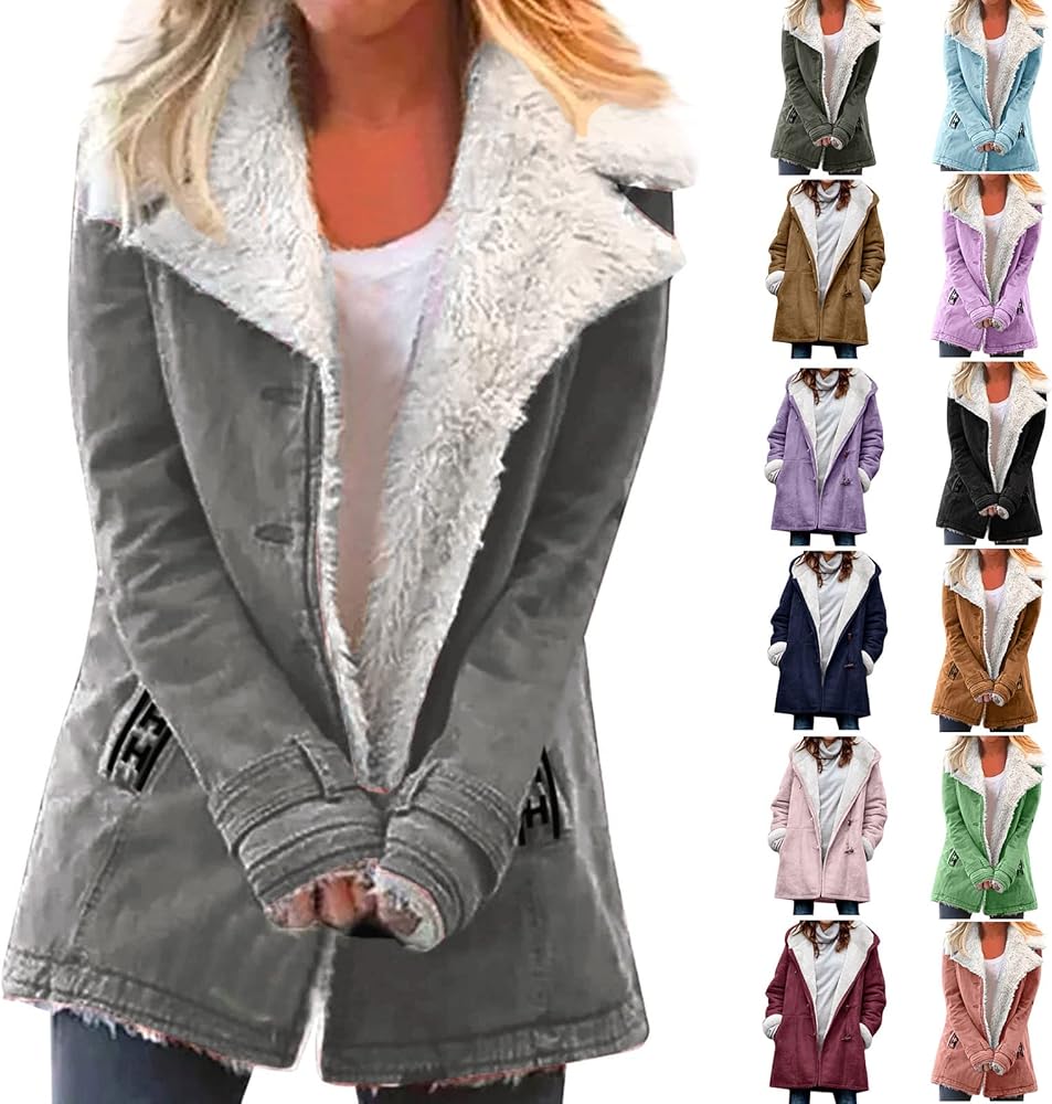 Womens Fleece Lined Jacket, Plus Size Winter Warm Parka Coat Fashion Lapel Button Down Furry Outerwear