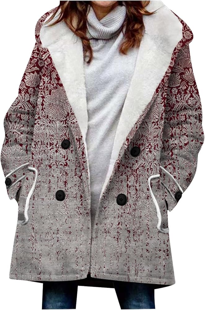 Women's Trench Coats Large Jacket With Warm And Plush Gradient Printed Hooded Button Jacket Pockets Coat, S-3XL