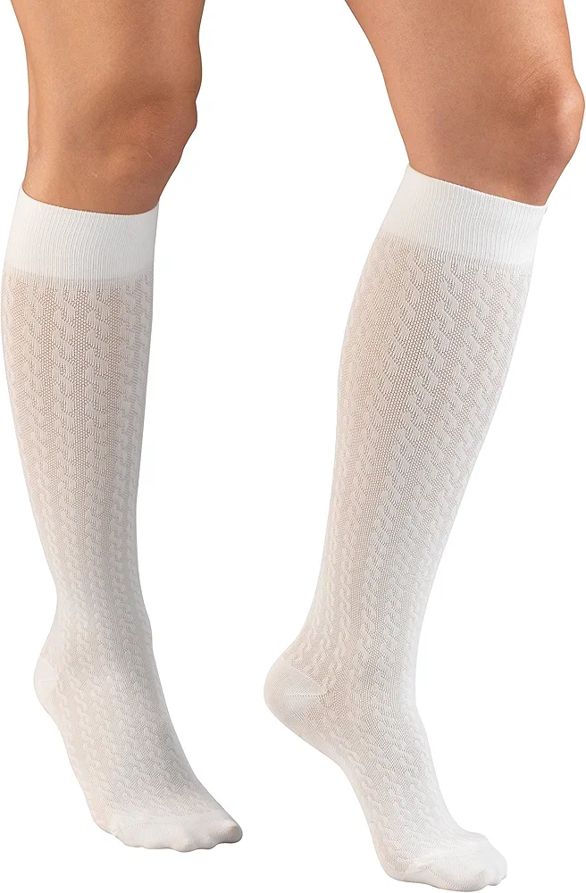 Truform Compression Socks, 15-20 mmHg, Women's Dress Socks, Knee High Over Calf Length, White Cable Knit, Small