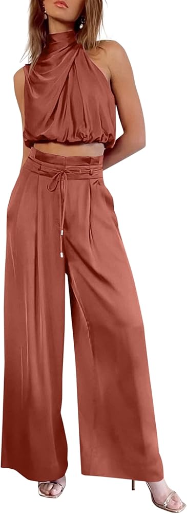 PRETTYGARDEN Women's 2 Piece Outfits 2024 Summer Casual Sleeveless Mock Neck Crop Tops Wide Leg Pants Set