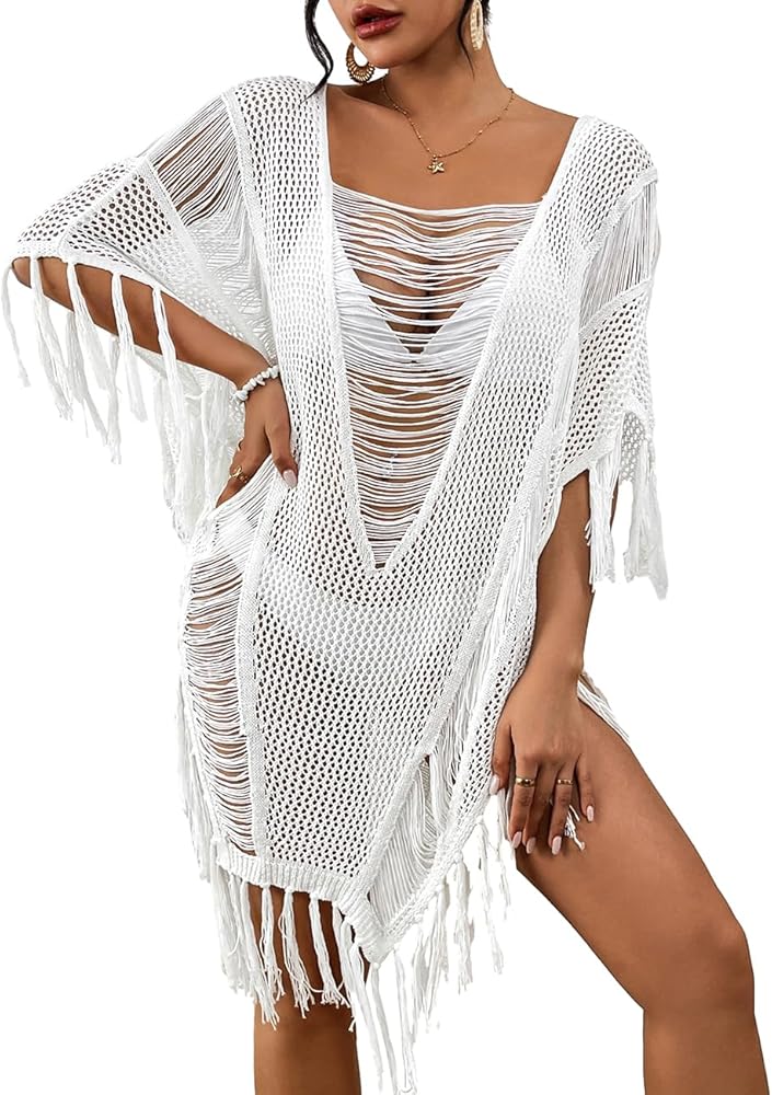 Bsubseach Sheer Bikini Cover Up for Women Fringe Hollow Out Swimsuit Coverups Sexy Beach Pool Bathing Suit Tassel Tops