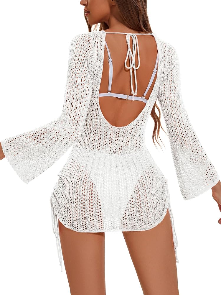 Women Crochet Cover Up Long Sleeve Swimsuit Bathing Suit Bikini Beach Hollow Out Cover Ups Swimwear