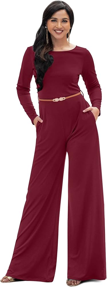 KOH KOH Womens Long Sleeve Wide Leg Belted Formal Elegant Cocktail Jumpsuit