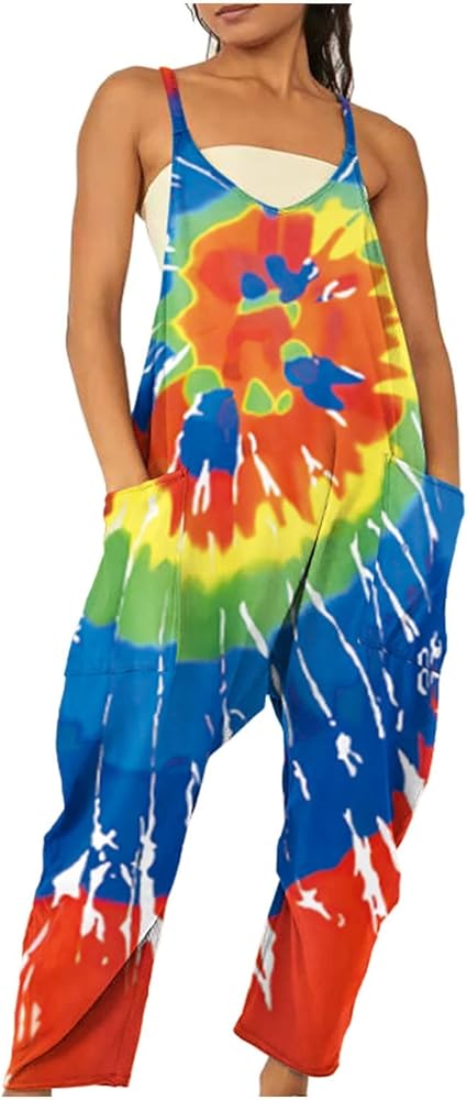 Boho Jumpsuit For Women Dressy Casual Baggy Bib Overalls Summer Sleeveless Tie Dye Printed Pants Romper With Pockets