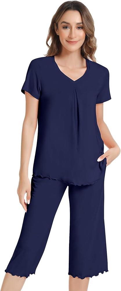 NACHILA Pajamas for Women Pjs Sets Cool Loungewear Short Sleeve Pajama with Capri Pants Viscose Made from Bamboo