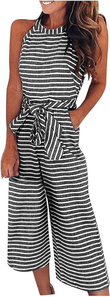 Ceboyel Womens Striped Print Jumpsuits Romper Wide Leg Long Pants Overalls Dressy Casual Jumpers With Pockets & Belt