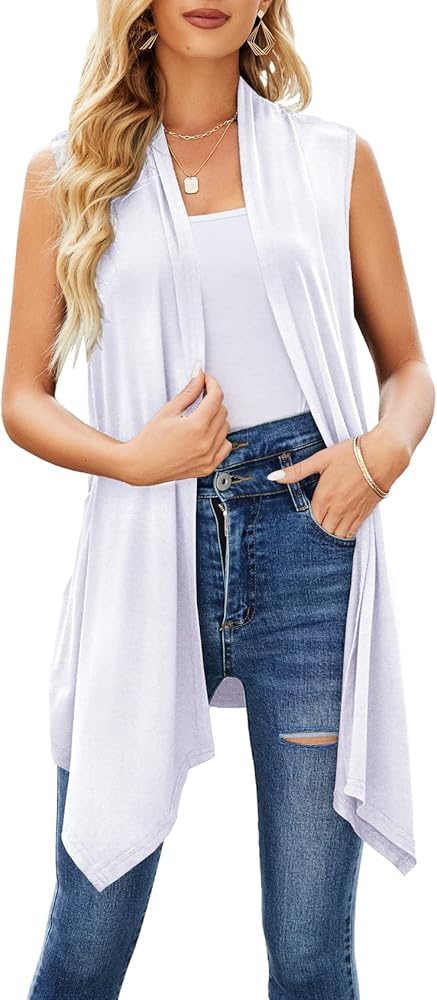 Uvog Sleeveless Cardigan Women Summer Lightweight Open Front Draped Long Duster Vest Asymmetric