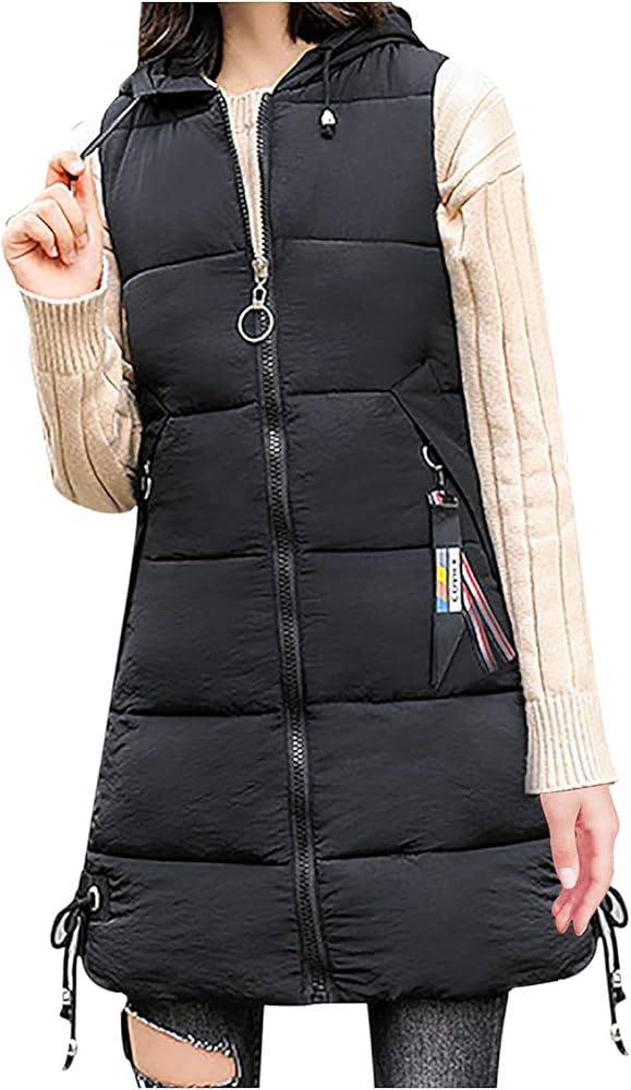 RKSTN Down Vest Sleeveless Puffer Jacket for Women Long Winter Coats Vest with Hood Warm Down Coat Outdoor Zipper Outerwear