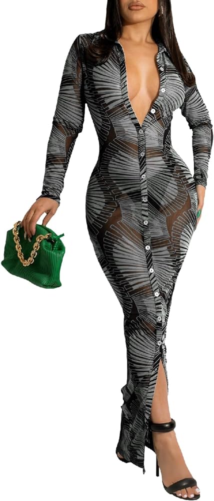 Women's Sexy Summer Sheer Mesh Dresses Button Down Long Sleeve See Through Swimwear Maxi Dress