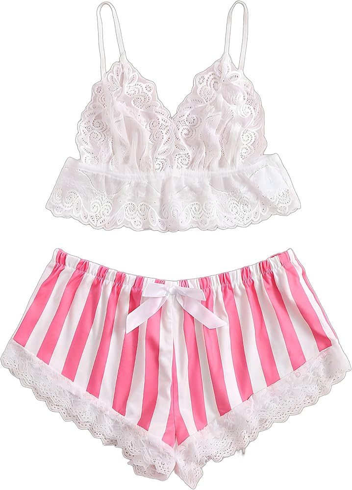 WDIRARA Women's Floral Lace Cami Top and Striped Bow Front Satin Shorts Lingerie Pajama Set