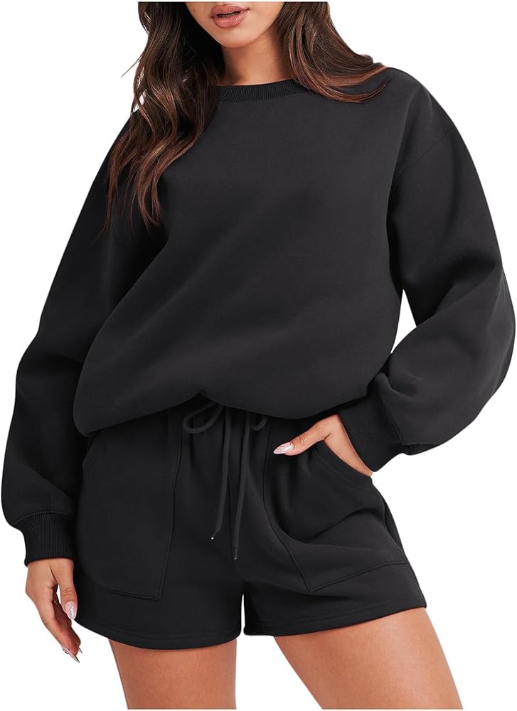 Short Sets For Women 2 Piece Outfits Oversized Long Sleeve Sweatshirt And Shorts Set Matching Workout Running Tracksuit