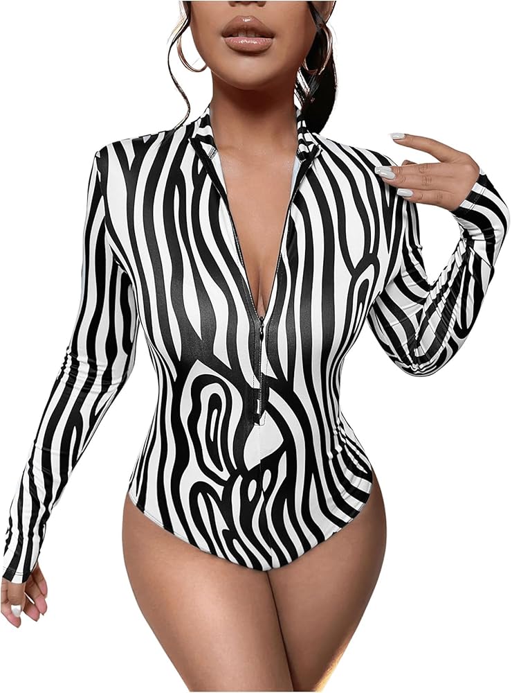 MakeMeChic Women's Casual Zebra Stripes Mock Neck Long Sleeve Zip Front Bodysuit Tee Shirt Tops