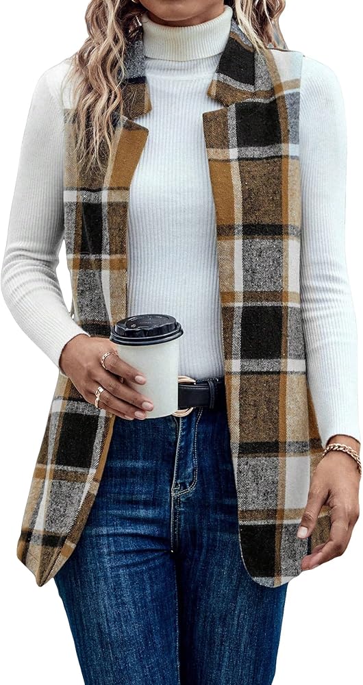 MakeMeChic Women's Plaid Vest Jacket Sleeveless Open Front Wool Blend Vest Blazer Outerwear Brown M