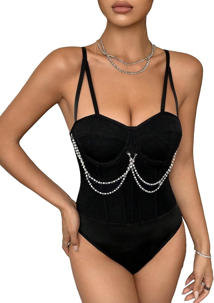 OYOANGLE Women's Sparkly Chain Linked Spaghetti Strap Party Going Out Bustier Cami Bodysuit Tops