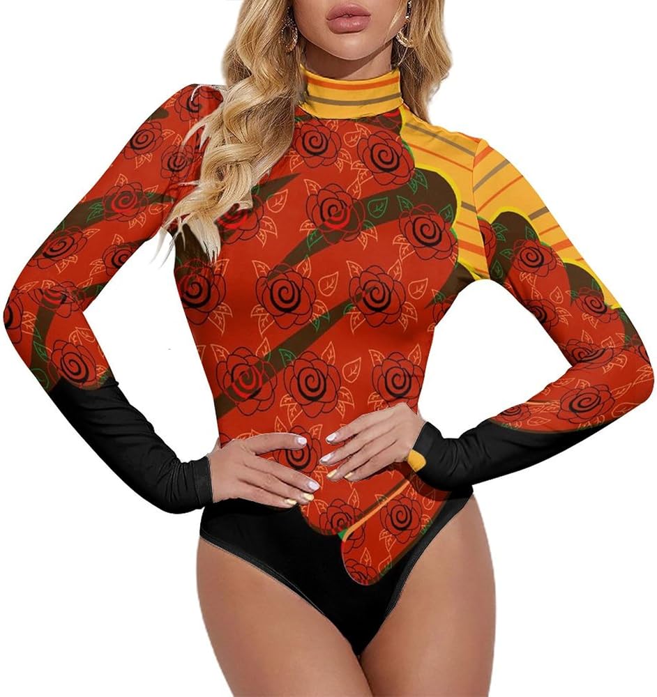 Beautiful African Woman Women's Bodysuit Tops Turtle Neck Long Sleeve Jumpsuit Print T Shirt