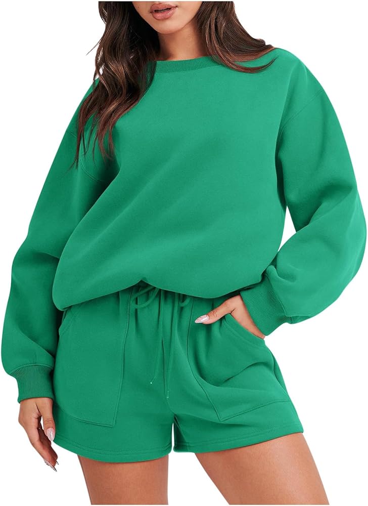 Lounge Wear Sets Women Sweatshirt Sets for Women 2 Piece Shorts Oversized Tacksuit Set Sport Shorts with Pockets 2023 Fashion Trends Women Outfits Green 2XL