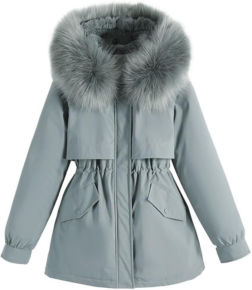 Women's Long Fleece Parka Jackets with Plush Hooded Down Coat Drawstring Waist Winter Fluffy Warm Fuzzy Padded Coats