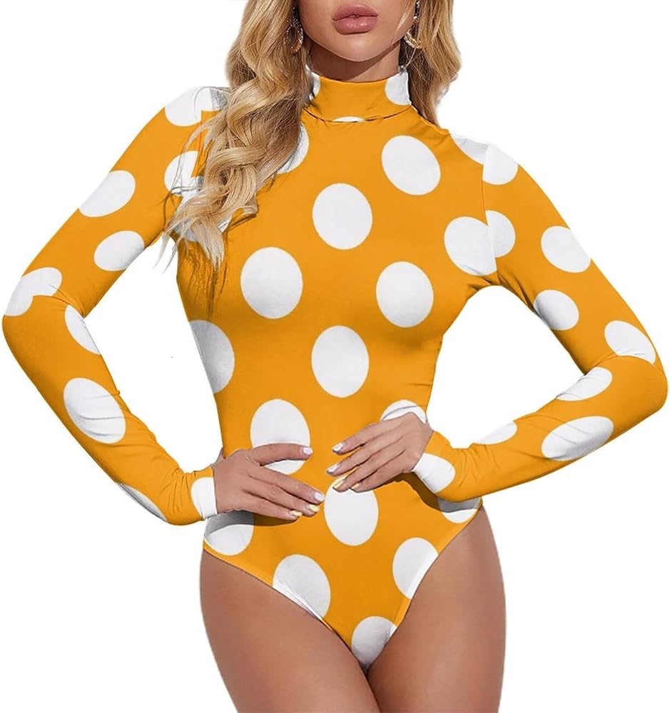 Orange Polka Dot Basic Women's Jumpsuit Long Sleeve Turtleneck Bodysuit Top Sexy Stretchy Leotard