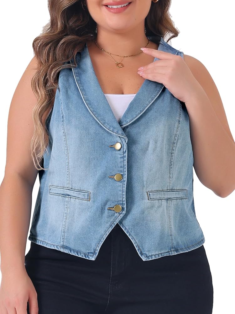 Agnes Orinda Plus Size Denim Vest for Women Button Down Jean Waistcoat Sleeveless Jacket