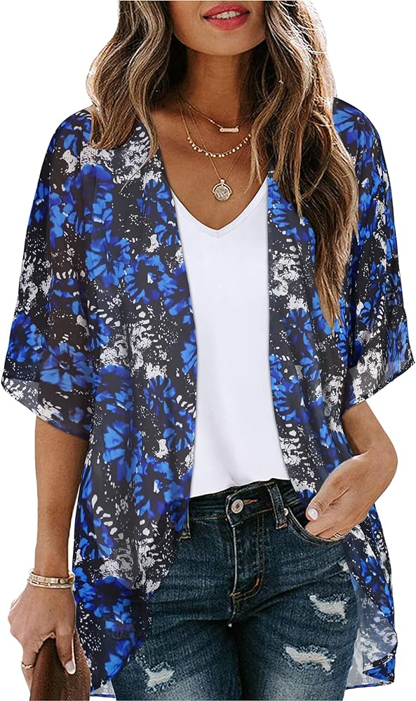 Womens Short Cardigans Casual Cover Ups Open Front Kimono Tops Bathings Suit Shawl (Black Blue Floral,3XL)