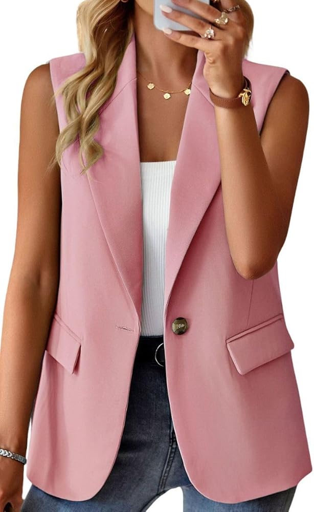 Women's Summer Sleeveless Blazer Jackets Open Front Lapel Office Suit Vests Casual Jacket with Pockets