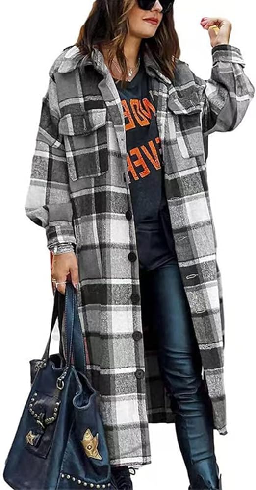 Women's Plaid Shacket Jacket Long Sleeve Flannel Long Shirt Coat Lapel Button Up Lounge Tartan Outerwear with Pockets