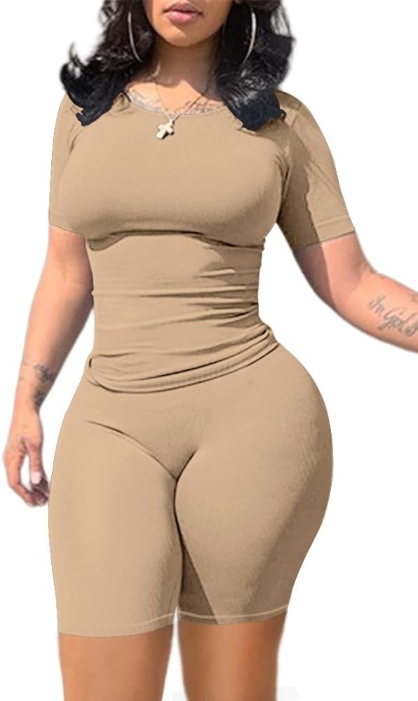 PINSV Lounge Wear Casual 2 Piece Outfits Sets for Women Skinny Crew Neck T-shirt High Waist Leggings Shorts Workout Set Cream XL